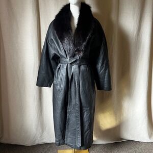 Vintage Black Leather Coat Fox Fur Collar Belted Long Trench Coat M